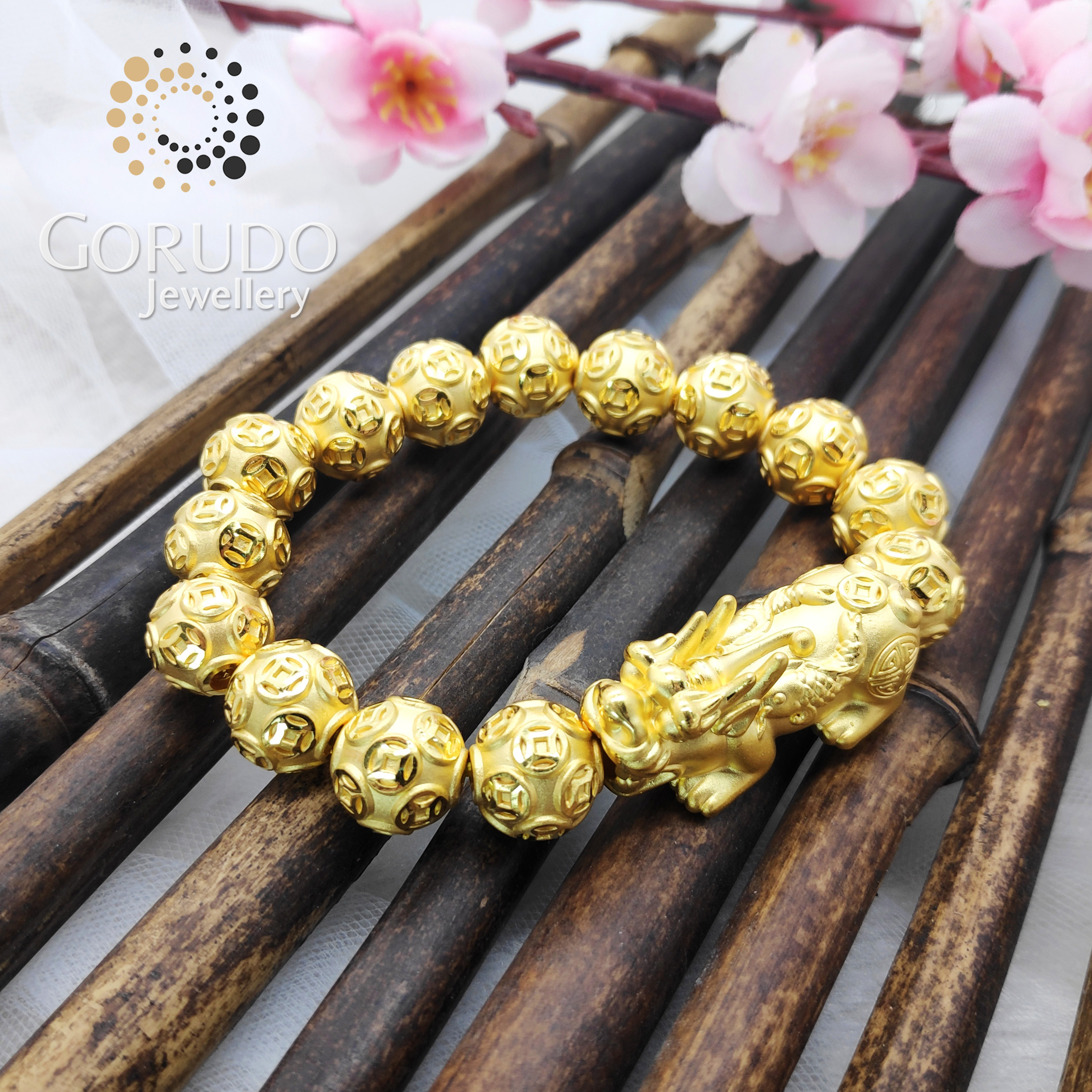 Gorudo Jewellery Pure Gold 999 双鱼 Pixiu + 15 Auspicious Gold Coin Ball Charm Bracelet