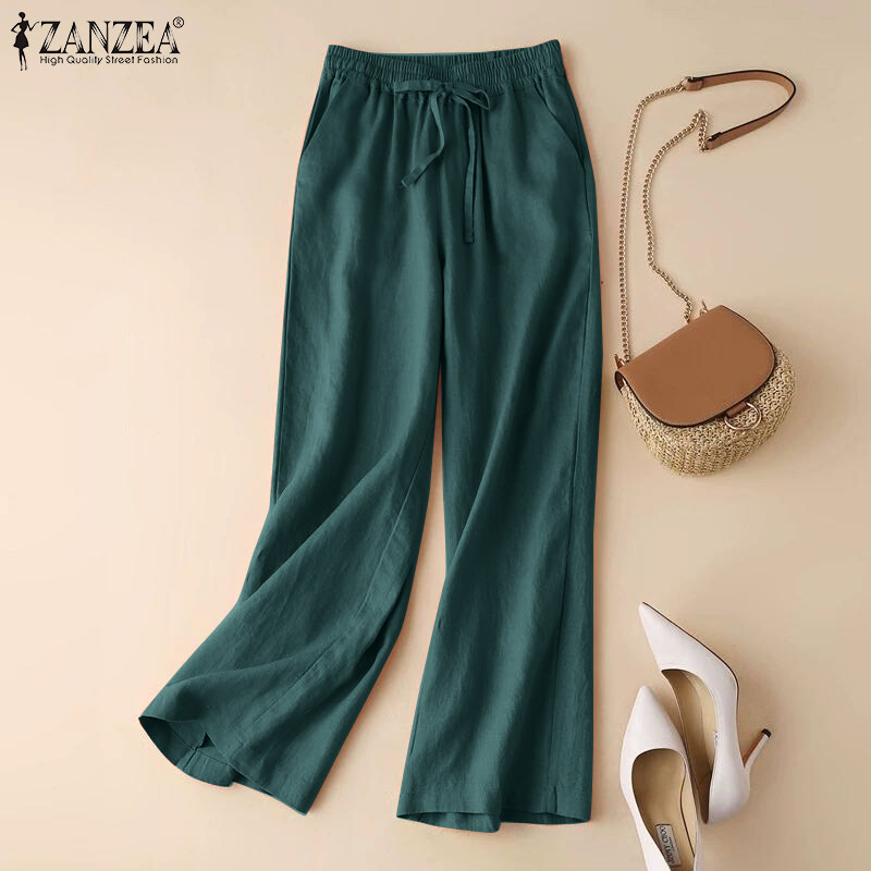 ZANZEA Women Cotton Solid Color Trousers Casual Elastic Waist Baggy Long Pants