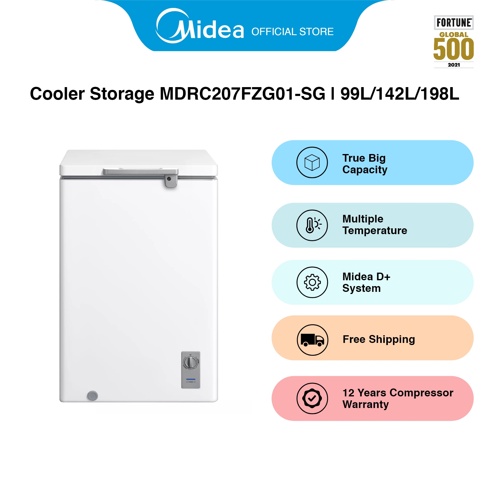 [Bulky] Midea MDRC207FZG01-SG White Chest Freezer, 142L, Energy Rating A+